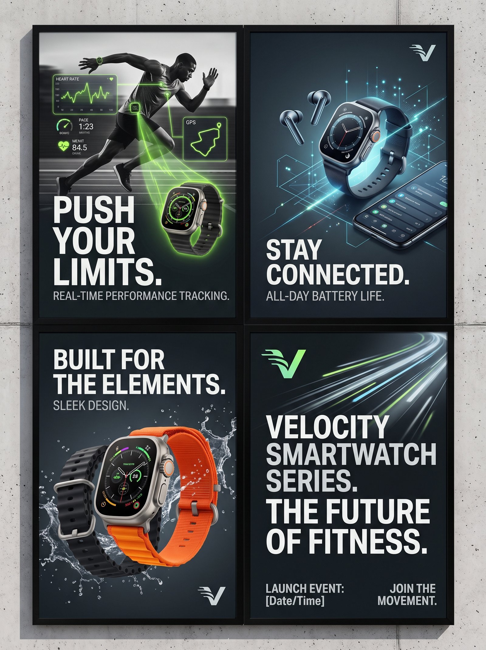 Poster collage, promotional event design, sports brand design, advertising posters, smart watch promotion, performance-oriented brand…